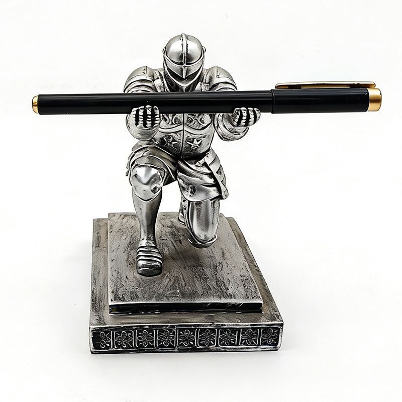 Executive Officer Knight Pen Holder Resin Antique Silver Desktop Decorative Piece